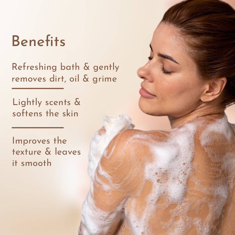 Benefits graphic with a woman lathering Himaira&