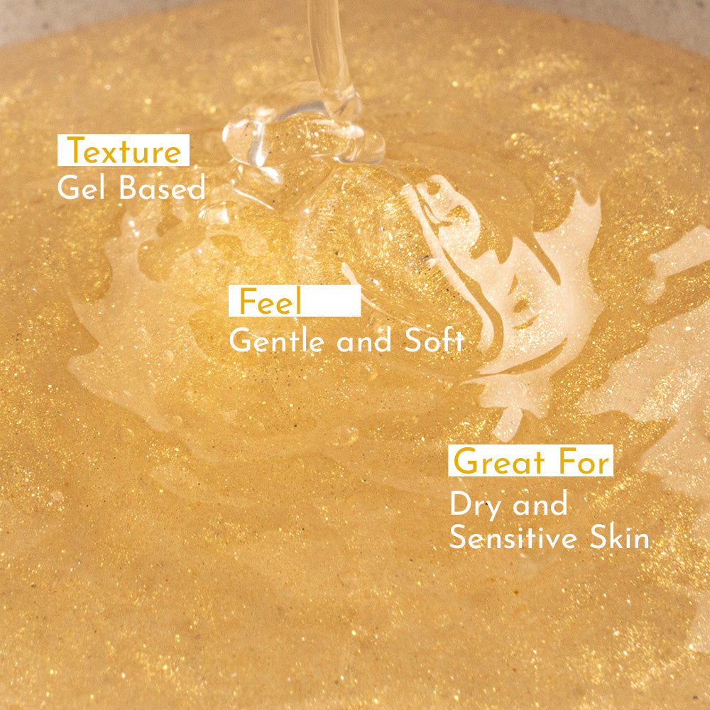 Close-up image of best 24k gold face wash with gold flakes, highlighting its gel-based texture and gentle feel for dry and sensitive skin.