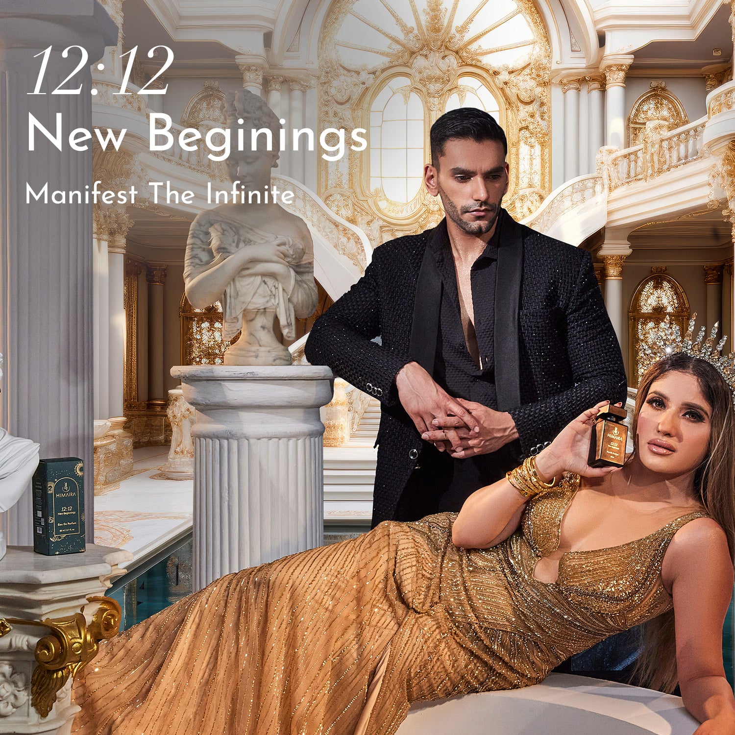 A photo of a couple posing with a bottle and box of HIMAIRA&