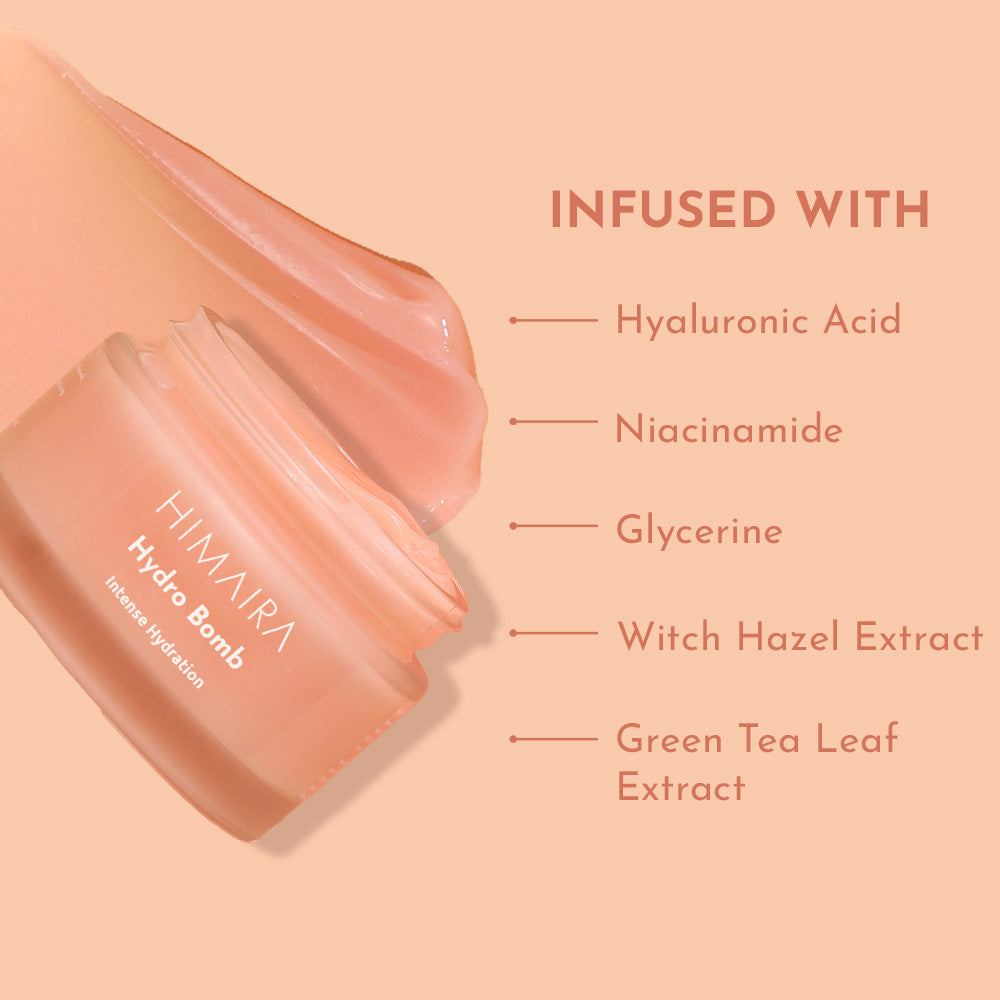 Open jar of Himaira Hydro Bomb Mosturizer shown in image with its ingredient namely; hyaluronic acid, niacinamide, glycerine, witch hazel and green tea.