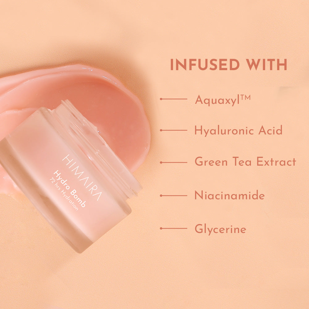 This image shows best mosturizer for combination of skin with text displayed "Infused with : Aquaxyl, Niacinamide, Green Tea Extract, Hyaluronic Acid and Glycerine".