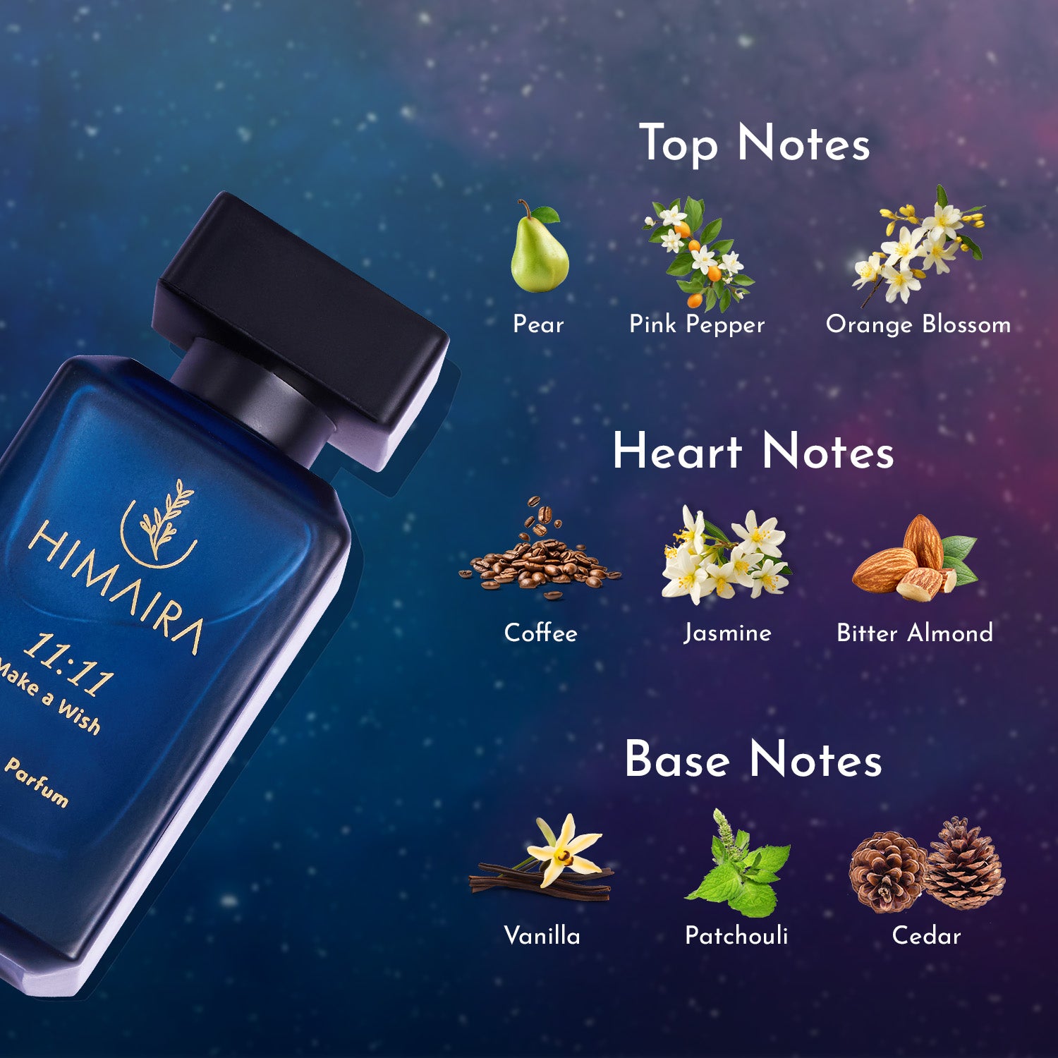 Notes breakdown graphic: Himaira 11:11 bottle on left, right side shows top notes, heart notes and base notes.