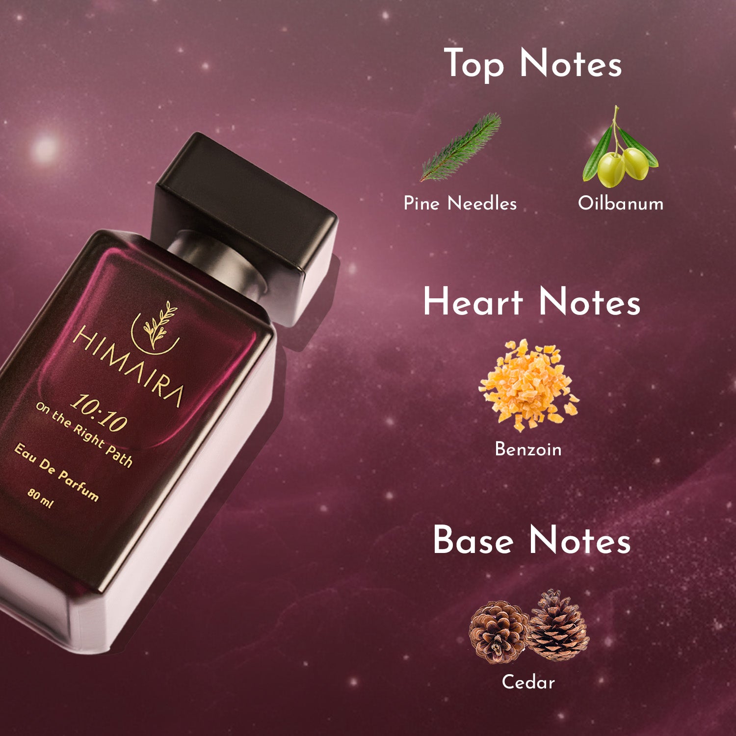 Fragrance notes graphic of Himaira 10:10 Eau De Parfum showing the bottle on a plum background with top notes pine needles and oilbanum.