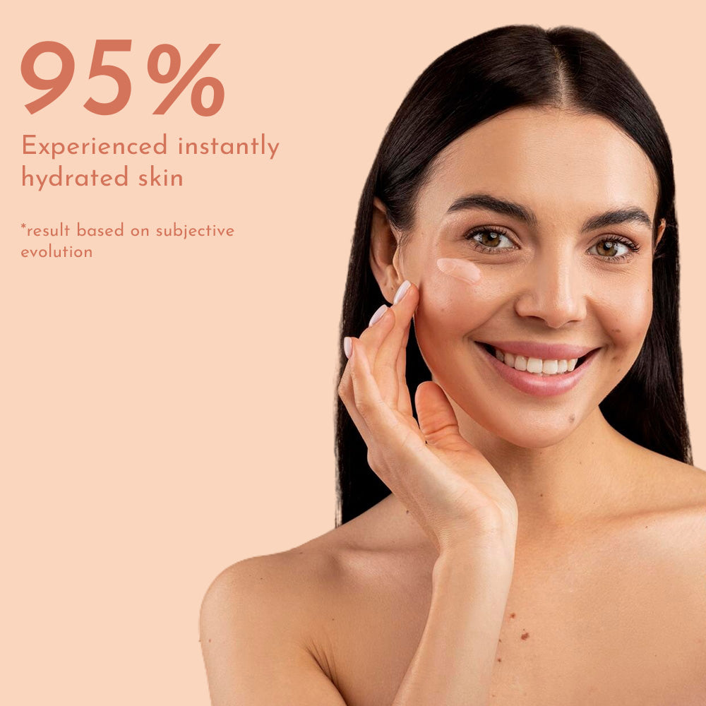 Smiling women applies a small amount of mosturizer on her cheeks, on left text written "95% experienced instantly hydrated skin with a small disclaimer note".