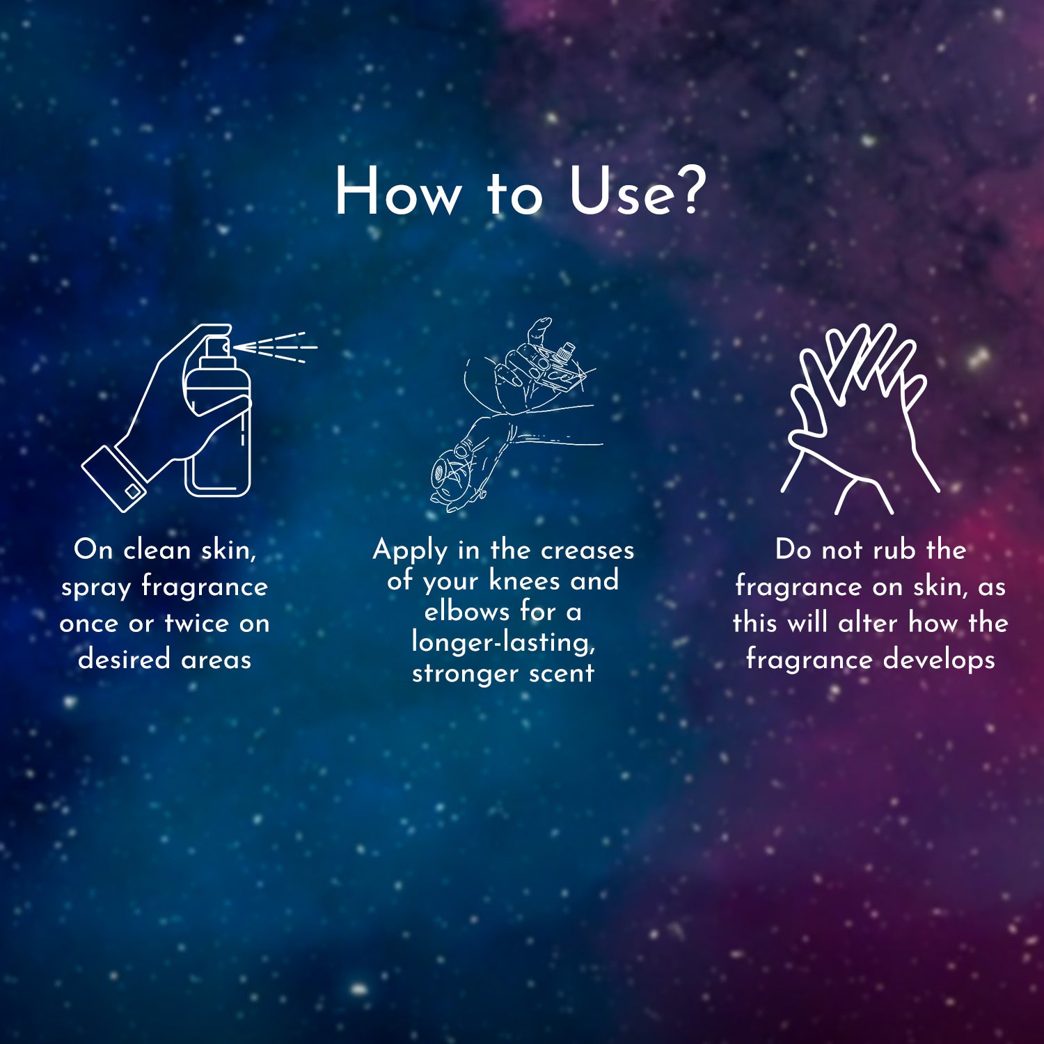 This image explains how to use fragrance: spray on clean skin, apply to creases for a lasting scent, and do not rub it in.