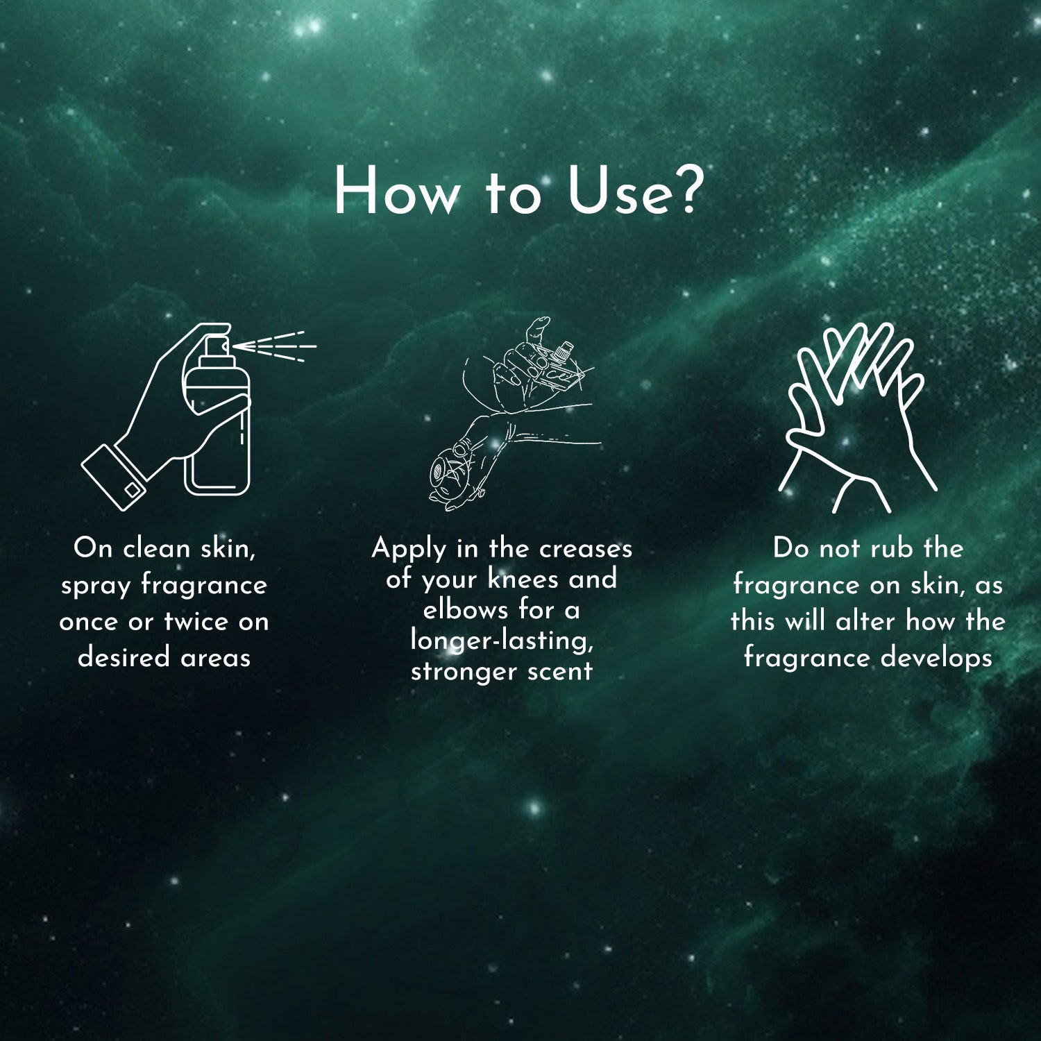 An informational image with icons for spraying, applying to pulse points and a "do not rub" symbol on a starry background along with text explaining steps.