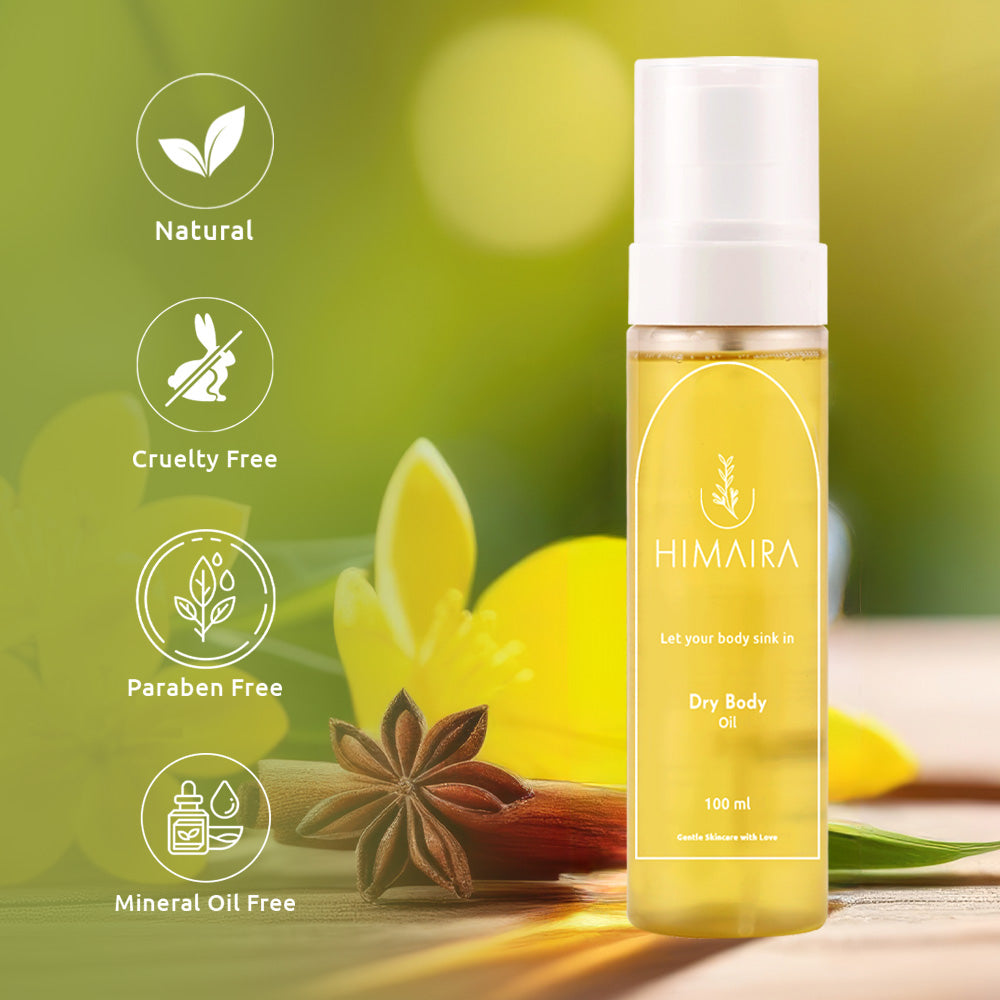 A clear product shot of Dry Body Oil against a natural backdrop, with icons highlighting it as Natural and Cruelty Free.