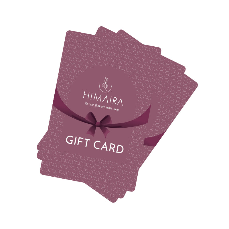 Himaira maroon color gift card with ribbon graphic and tagline reading Gentle Skincare with Love; text at bottom says Gift Card.