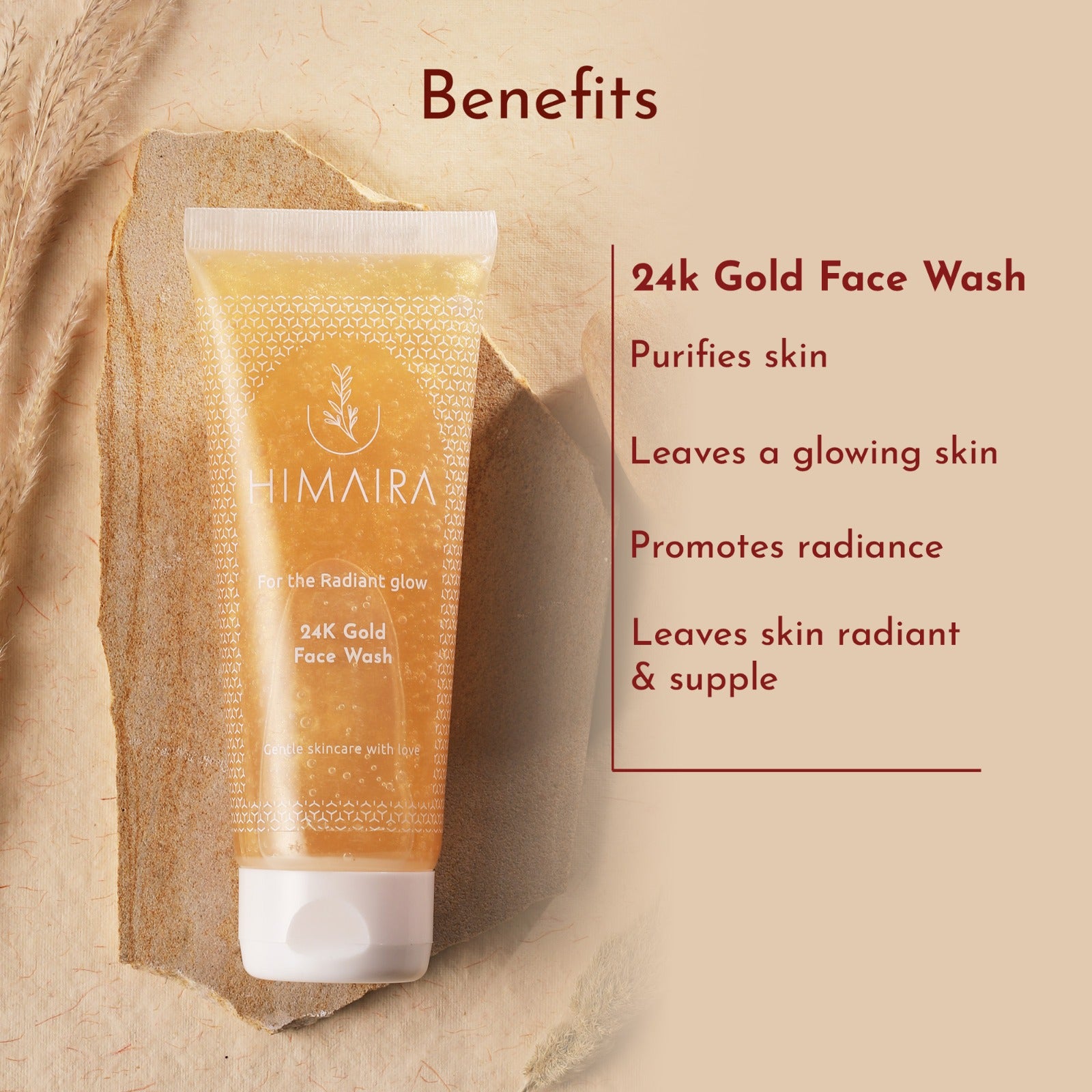Best 24K Gold Face Wash tube on a textured stone slab with a side panel listing benefits: purifies skin, glowing skin and radiant skin.