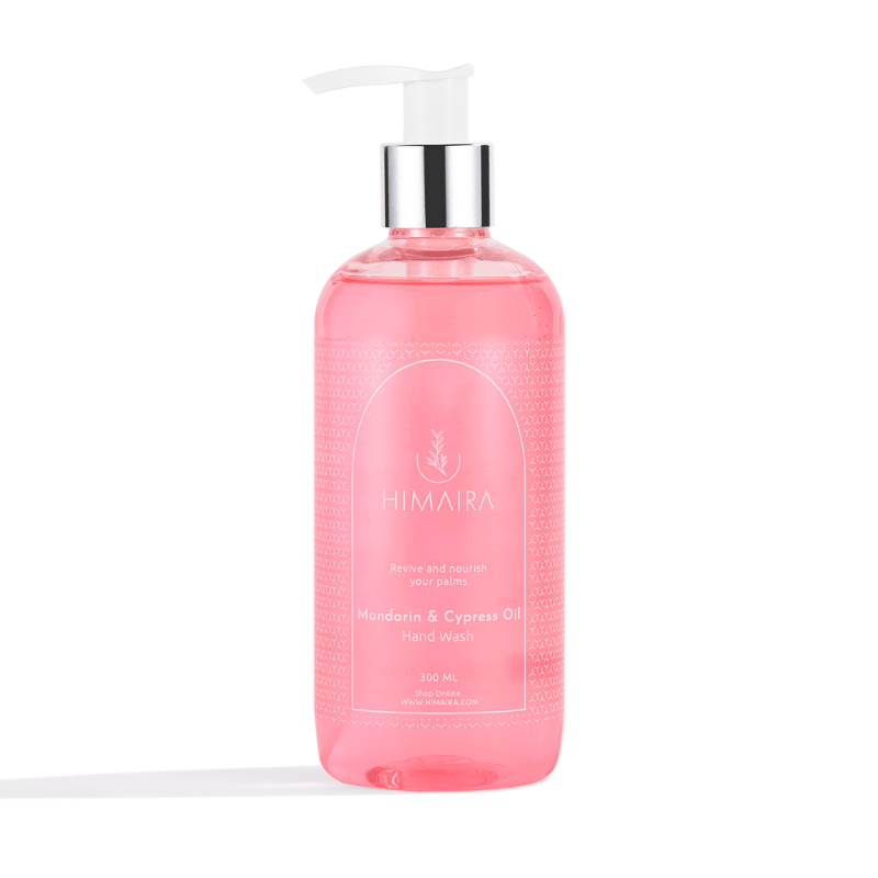 Pink color hand wash bottle front is shown with pump and higlighting "Himaira&