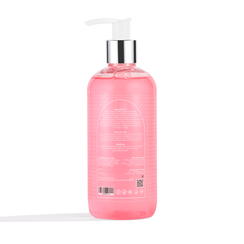 Back facing of pink color hand wash bottle is shown and highlighting its; ingridients, how to use and caution.