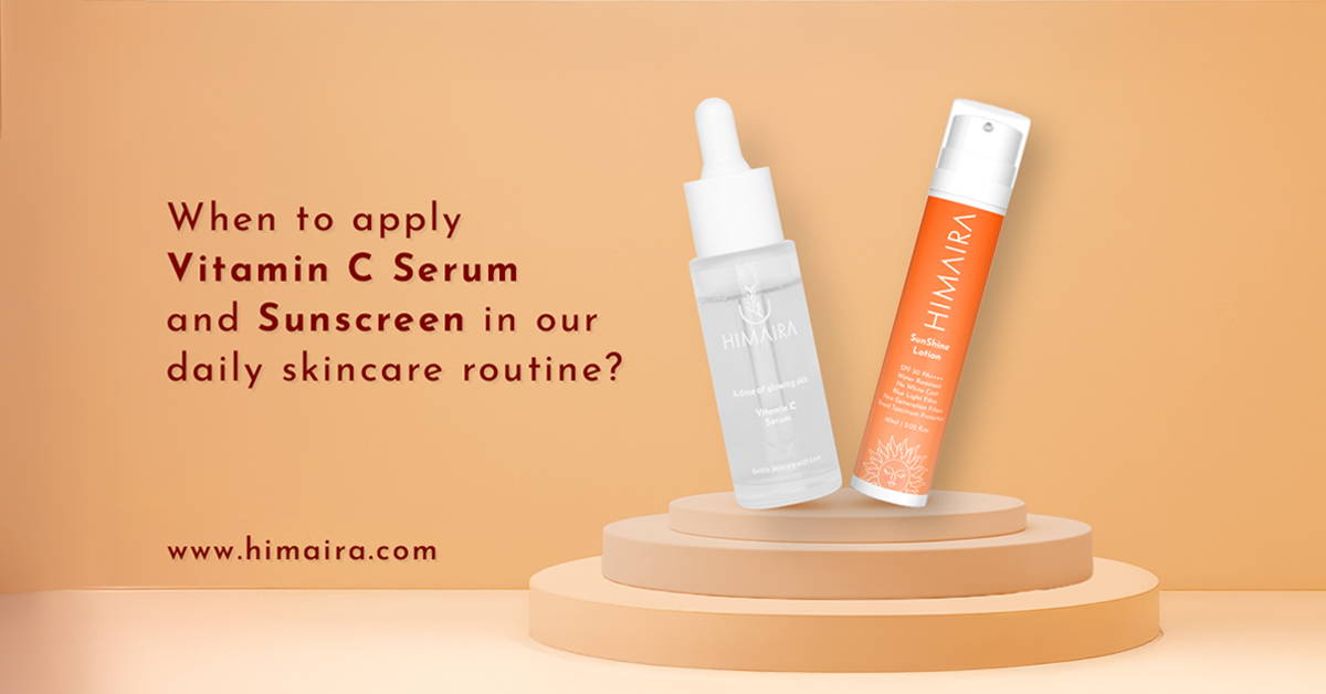 Himaira's blog featured image is shown with twon products on stand, Vitamin C Toner and SunShine Lotion, with title on left against orange backdrop.