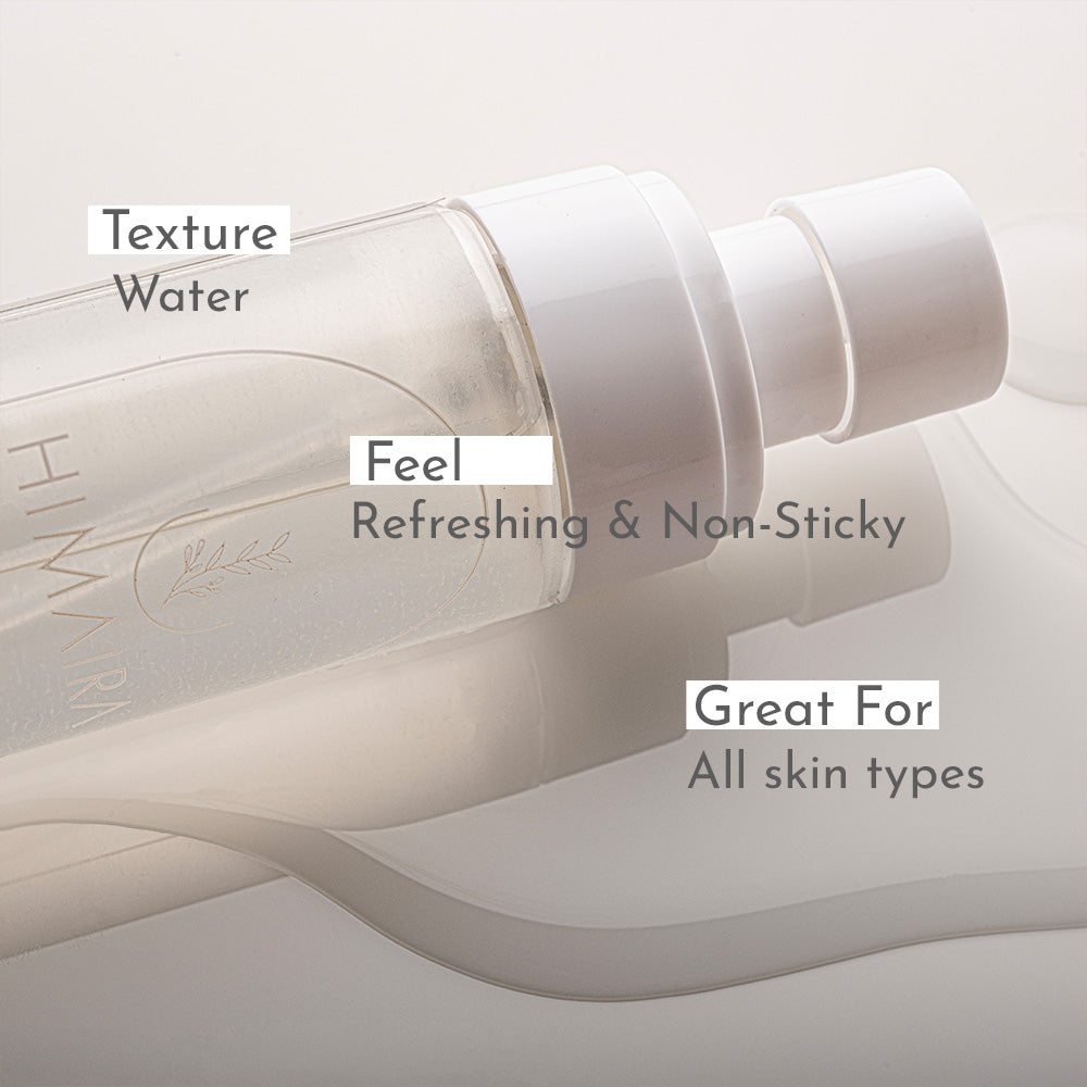 Himaira Vitamin C Toner laid sideways, clear liquid and white pump; captions show Texture: Water and Feel: Refreshing and Non‑Sticky.