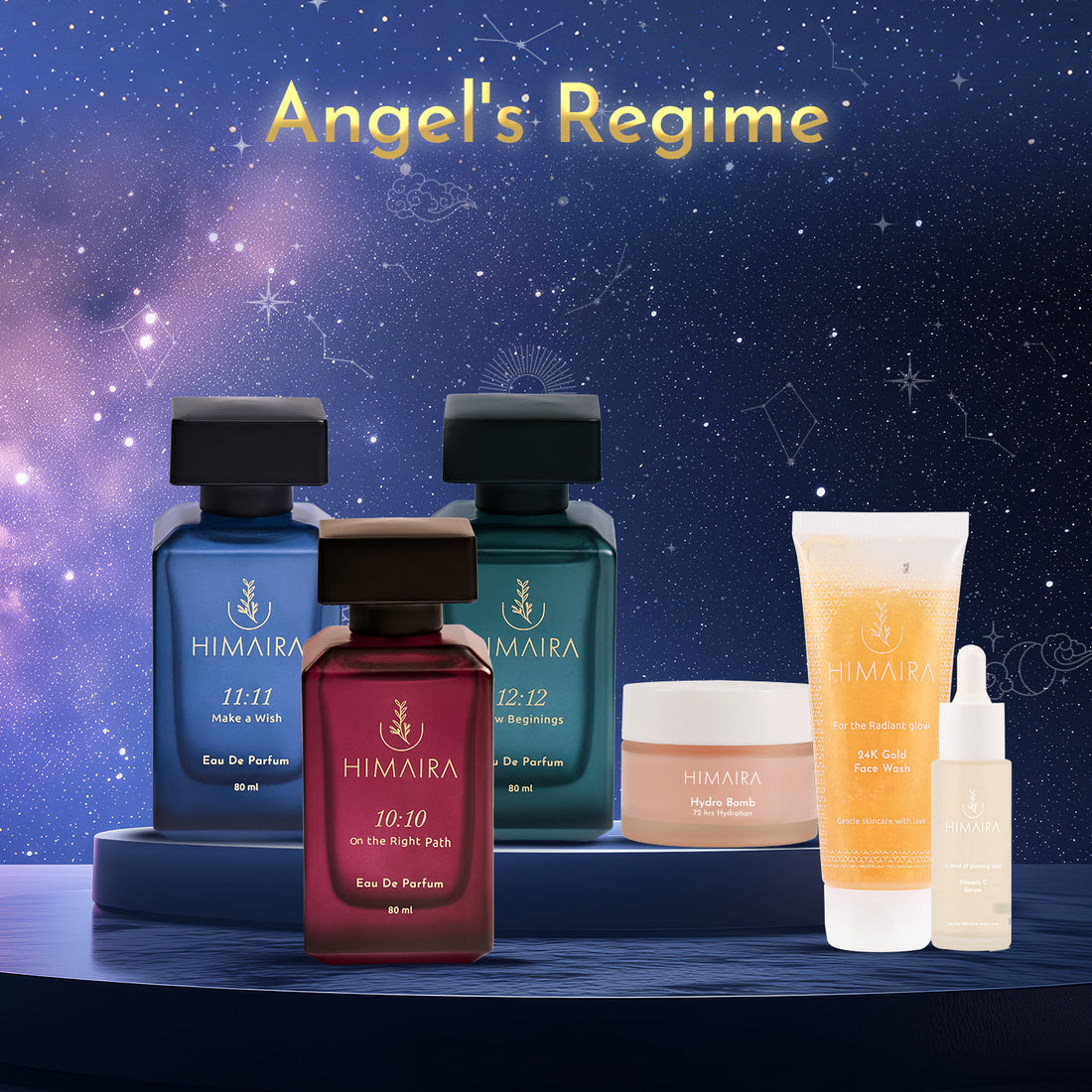 Starry night backdrop with title Angel’s Regime showcasing three Himaira perfumes, Hydro Bomb, 24K Gold Face Wash and Vitamin C Serum.